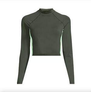 NWT New Lands End SunShade UPF 50 Long Sleeve Cropped Rash Guard Olive Mint